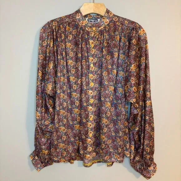 Women's Vintage Blouse Puffed Sleeves Gathered Cuffs Cottage Prairie Country L - Picture 1 of 10